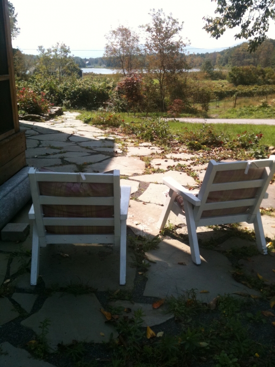 Peaceful lakeside view from patio chairs