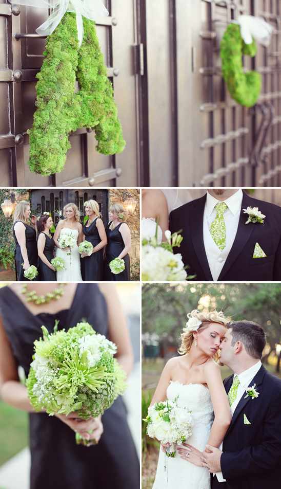 Green themed wedding details and bridal party images