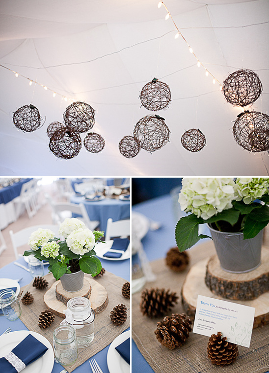 Rustic wedding decor: twig balls & hydrangea centerpiece