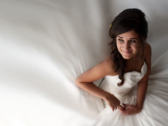 Bride in wedding dress,  smiling happily