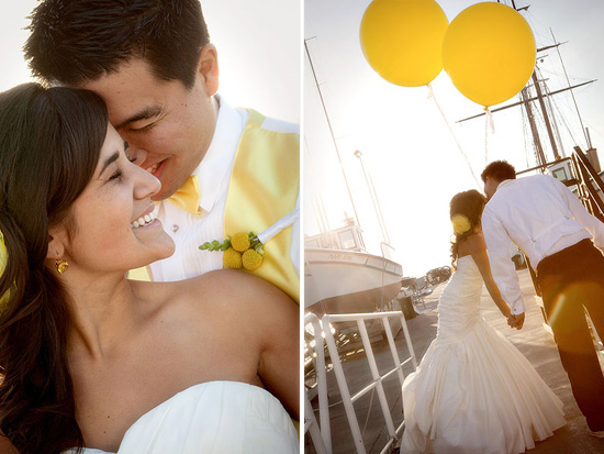 Happy couple on their wedding day near a harbor