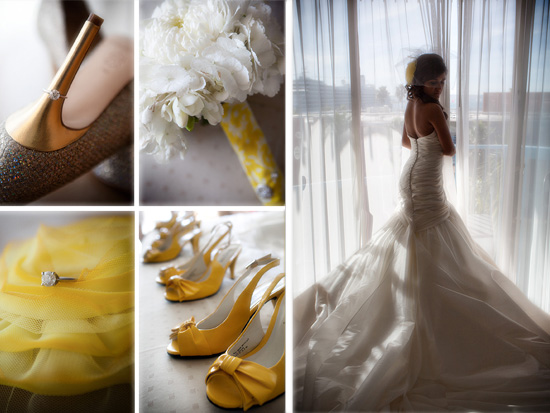 Wedding shoes, bouquet, and dress