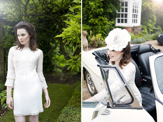 Woman in white dress and hat in car