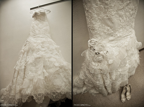 Lace wedding dress with ruffles and matching shoes