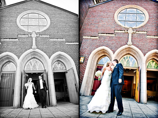 Bride and groom kissing outside church after wedding