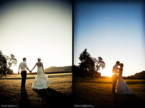 Romantic sunset wedding couple silhouette