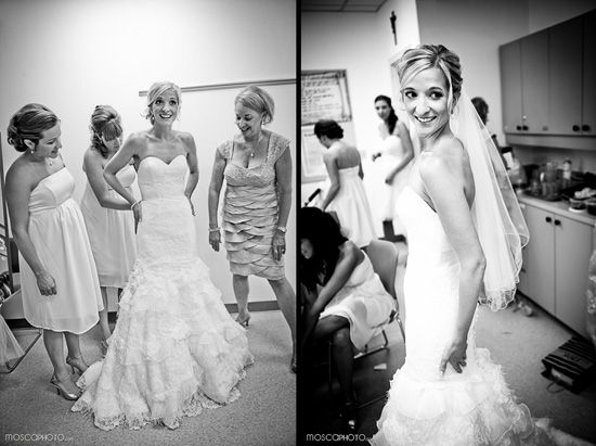 Bride getting ready with bridesmaids on her wedding day
