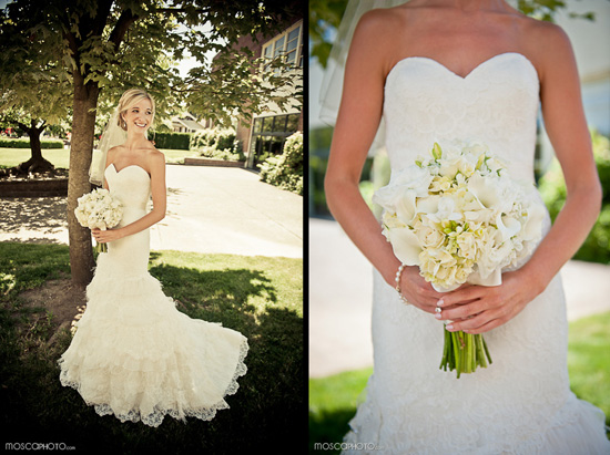 Beautiful bride in a strapless gown with a white bouquet
