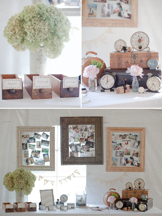 Wedding decor with photos and clocks