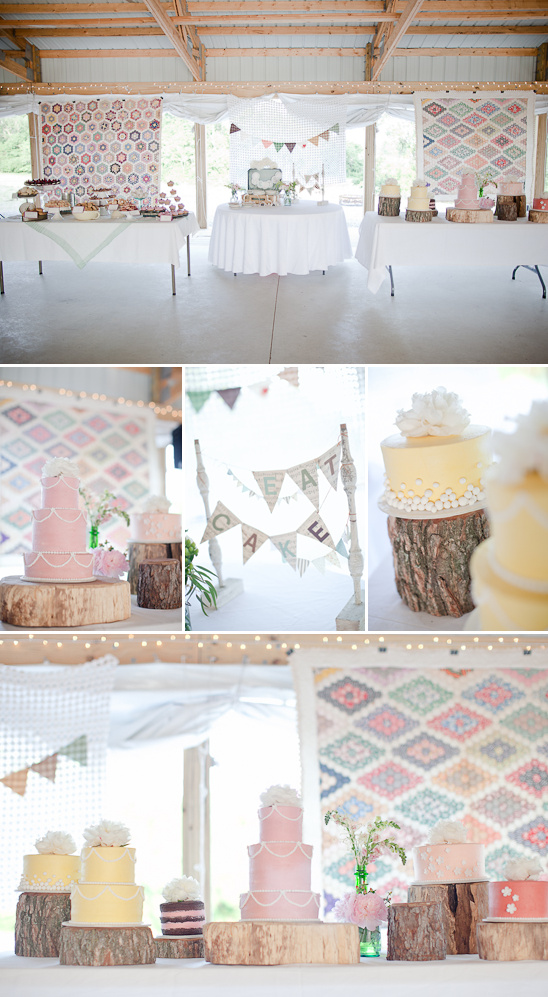 Pastel wedding cakes on rustic wood stands