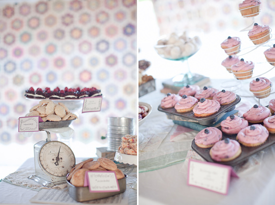 Dessert table with cookies cupcakes and a vintage scale