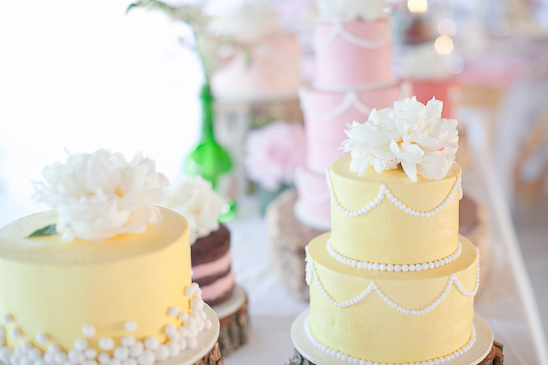 Elegant pastel wedding cakes with white floral accents