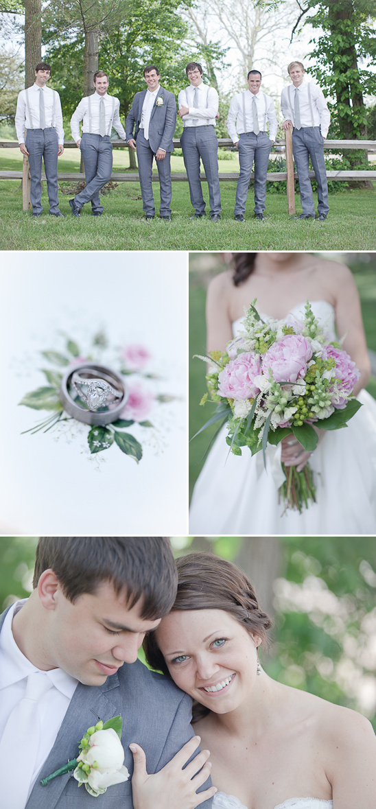 Groom's party, wedding rings, bouquet and couple