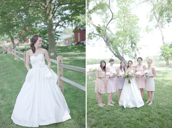 Bride and bridesmaids in pastel dresses