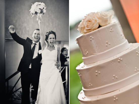 Happy couple celebrating wedding cake