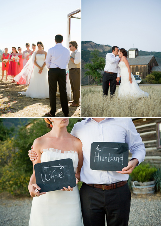 Outdoor wedding ceremony and couple with chalkboard signs