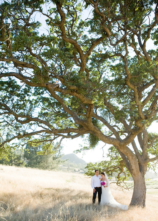 Bride and groom pose under a majestic oak tree