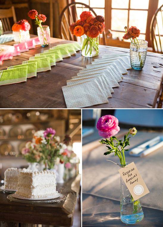 Rustic wedding decor flowers cake and table setting