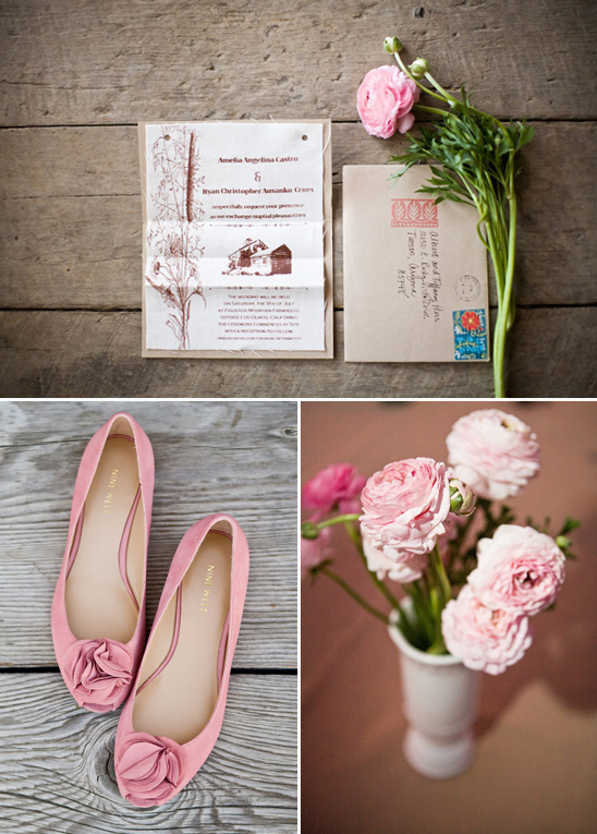 Pretty pink wedding shoes and flowers