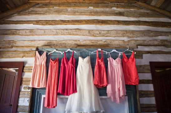 Colorful bridesmaid dresses and wedding gown