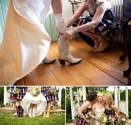 Bride getting ready in cowboy boots
