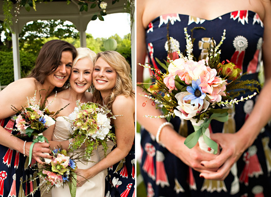 Wedding party bouquets and dresses