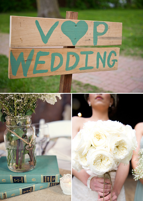 Rustic wedding decor sign bouquet and flower centerpiece