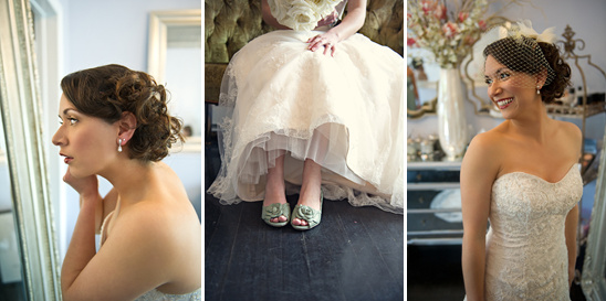 Bride getting ready in white dress and vintage style heels