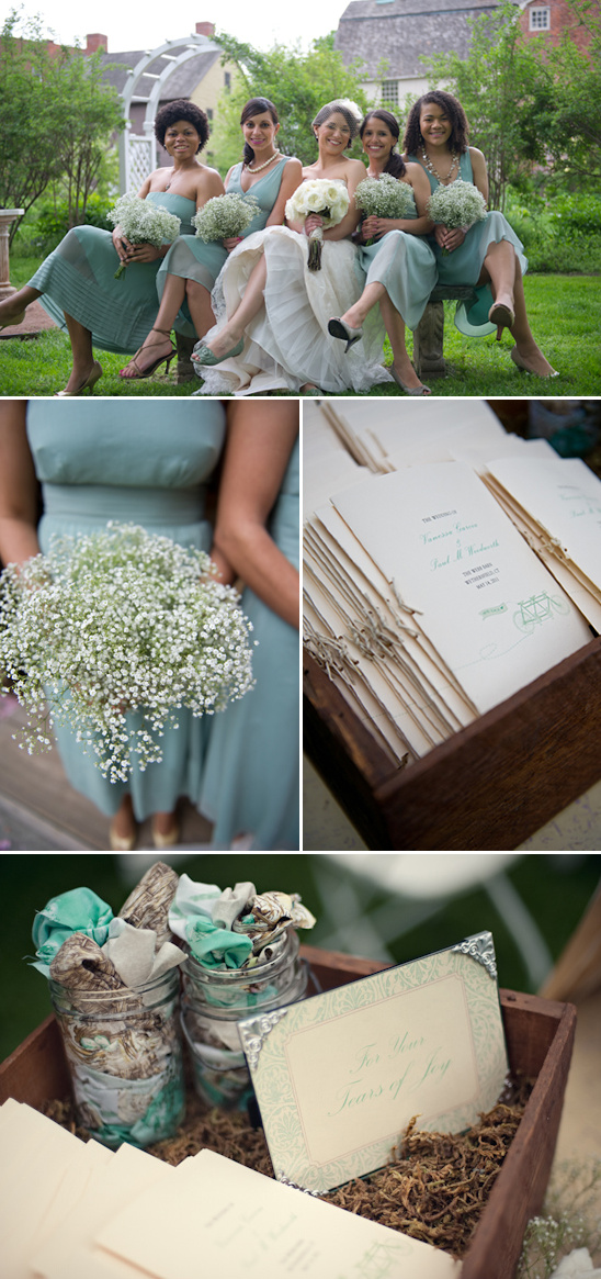 Bridesmaids in teal dresses at outdoor wedding event