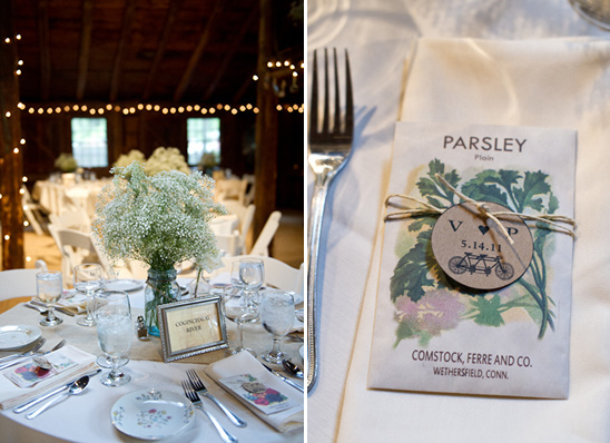 Rustic wedding table setting with parsley seed favors