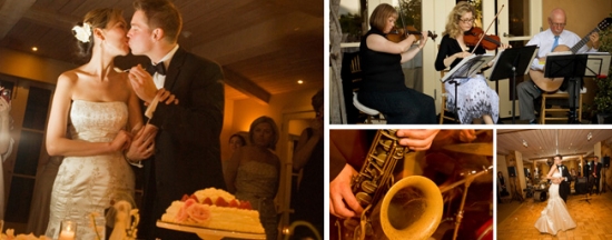 Wedding couple kissing, live music, and dancing
