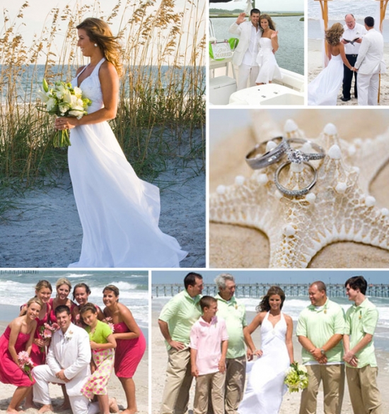 Beach wedding photos: bride, groom, family, rings