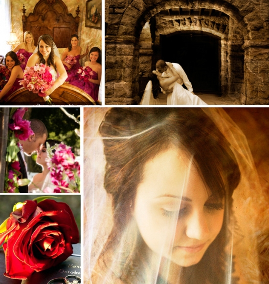 Romantic wedding day collage with bride grooms rose