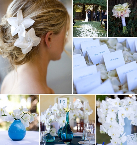 Wedding details: bridal hair, floral decor, place cards