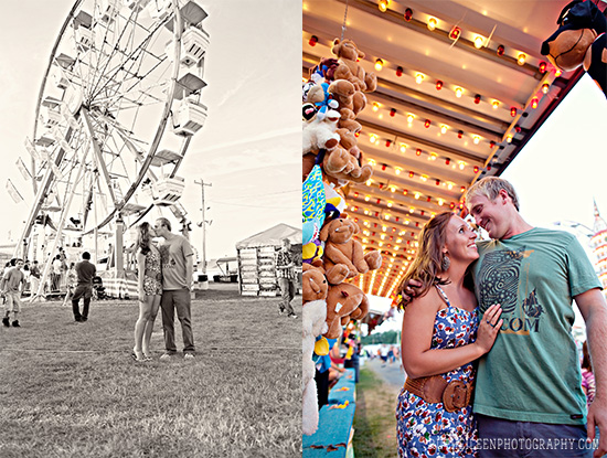 Couple in love at carnival Ferris wheel and game booth
