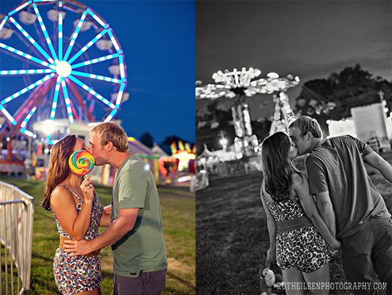 Couple kissing at a carnival, holding a lollipop under the ferris wheel