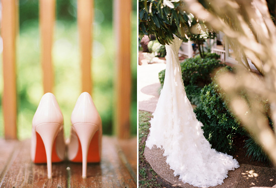 Wedding day details: Shoes and gown in garden setting