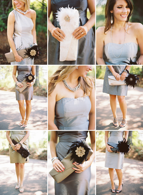 Bridesmaids in grey dresses holding elegant clutch bags