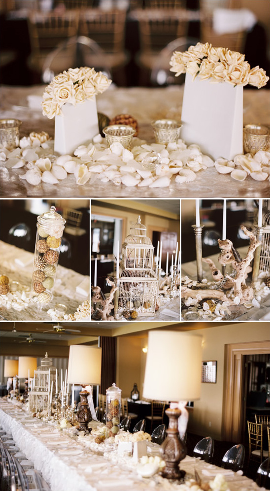 Elegant wedding reception table decor with shells and flowers