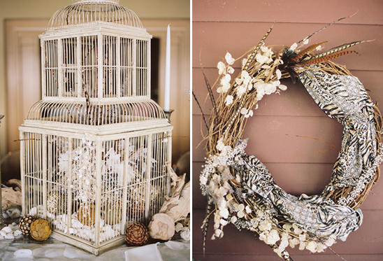 Ornate birdcage and bohemian wreath decor