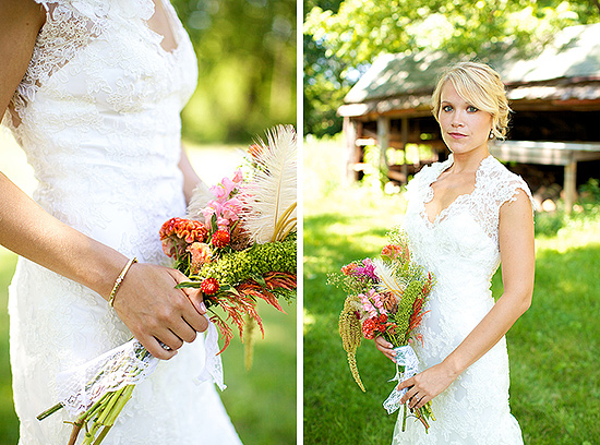 Bride in lace wedding dress holding vibrant bouquet