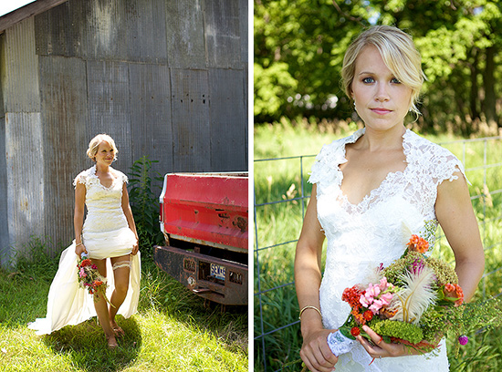 Rustic country bride posing with a flower bouquet