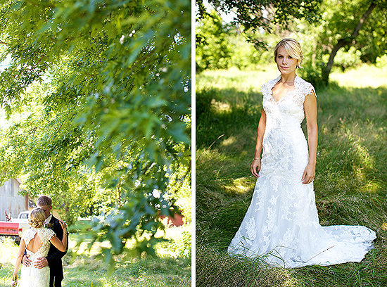 Bride in lace wedding gown poses outdoors
