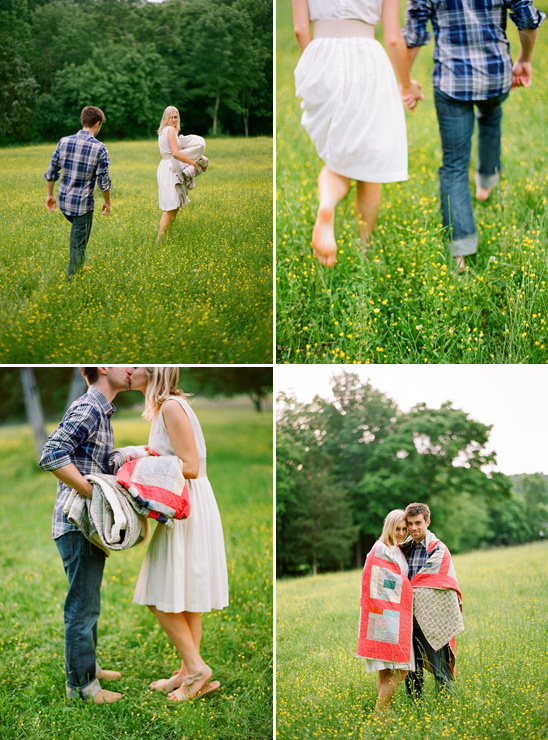 Couple in field, holding quilt