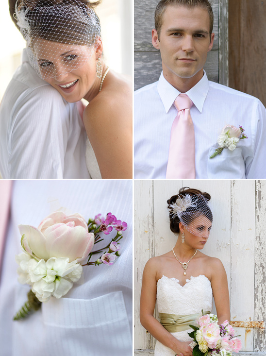 Romantic wedding couple, elegant attire, bridal bouquets