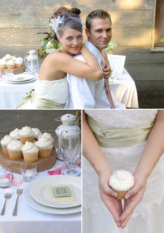 Happy couple wedding cupcakes rustic setting