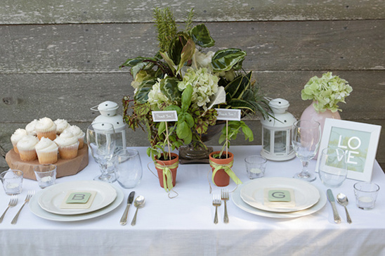 Rustic wedding table setting with cupcakes and basil plants