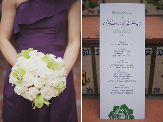 Bridesmaid in purple dress holding white rose bouquet