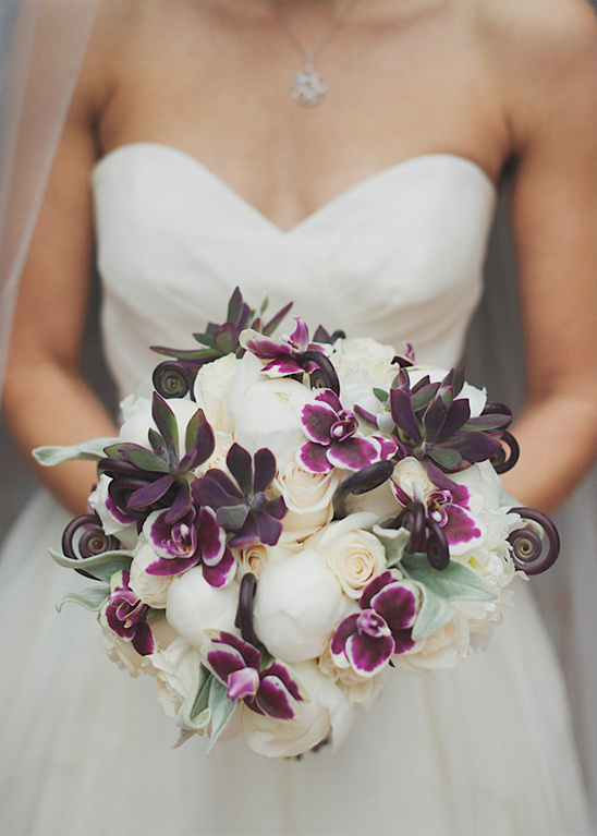 Romantic wedding bouquet, white flowers purple accents