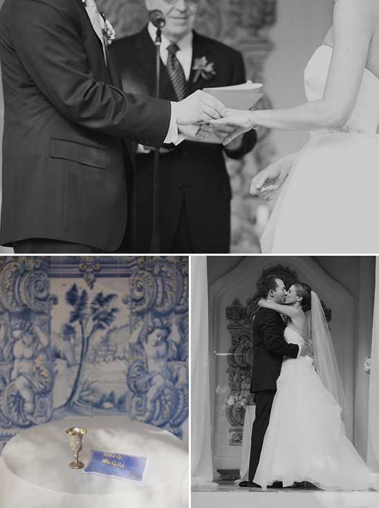 Black and white wedding details ring exchange kiss